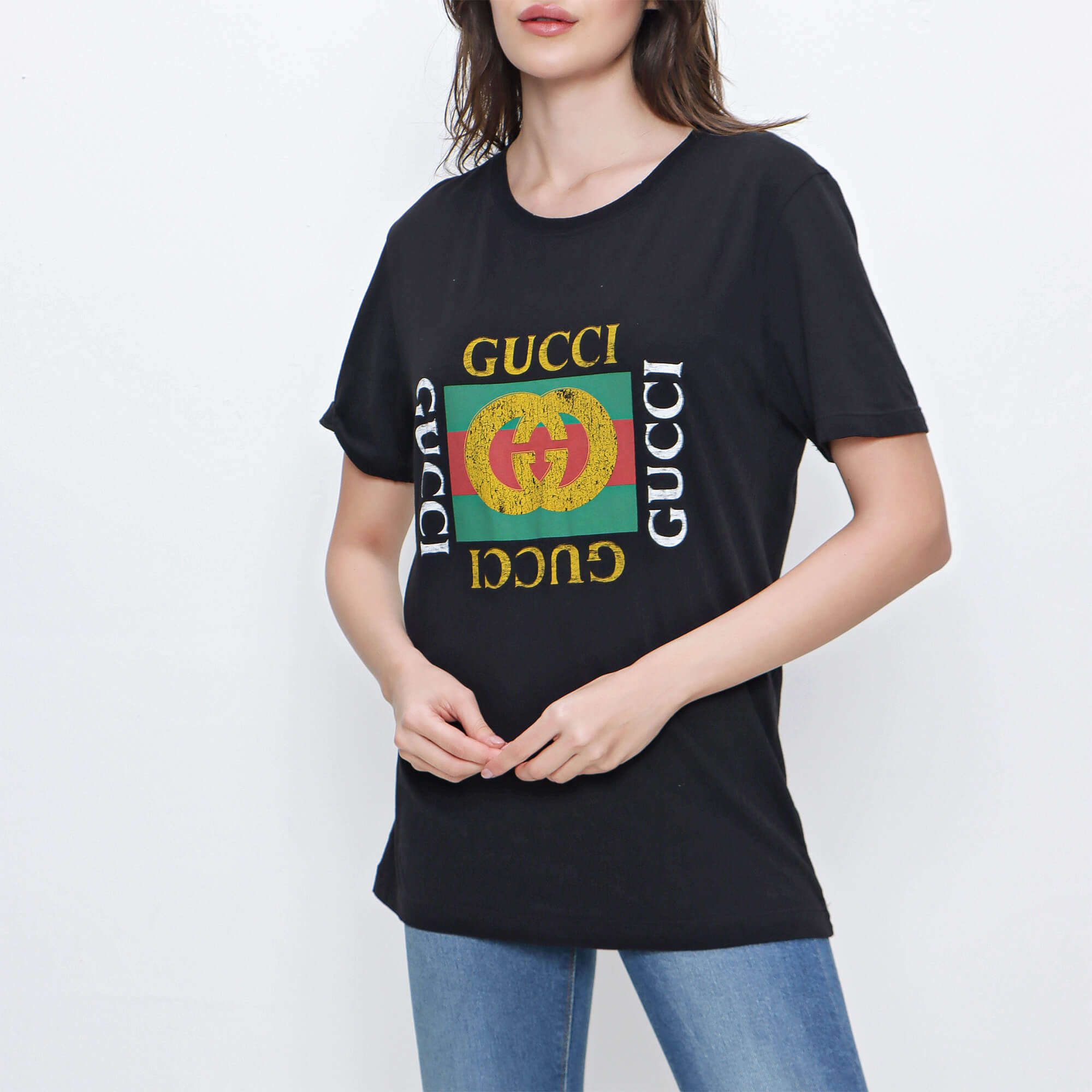 Gucci - Black Cotton Vintage Logo Print T shirt 